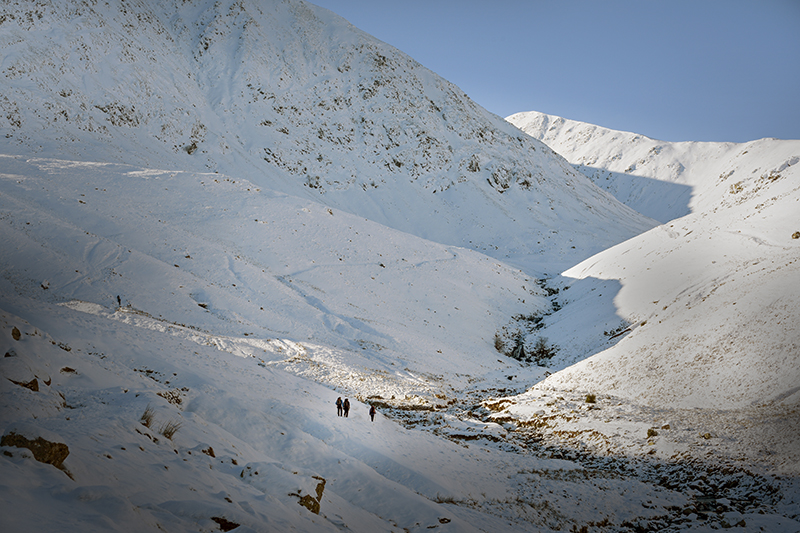 Two people walking up a hill in the snow